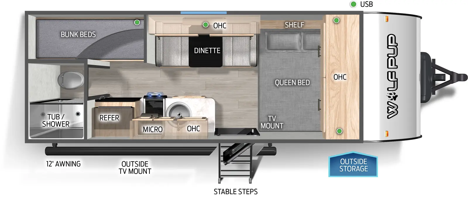 The Wolf Pup 16LP floorplan has one entry and zero slide outs. Exterior features include: metal exterior and 12' awning. Interiors features include: bunk beds and front bedroom.